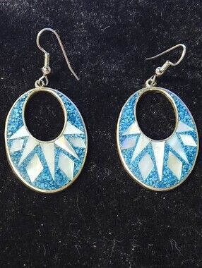 Mexico Turquoise Mosaic Oval Drop Silver Earrings with Mother-of-Pearl Accents